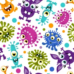 Behang Monsters Naadloze patroon van Cartoon Cute Monster.Colorful achtergrond van monsters met verschillende emoties. vector illustratie