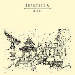 Bhaktapur, historical town in Kathmandu valley, Nepal, Asia. Vintage artistic postcard with a hindu shrine. Travel sketch. Touristic postcard, poster or book illustration