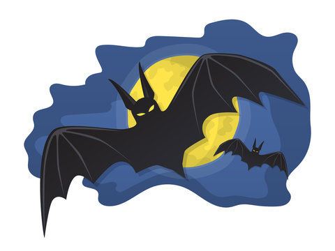 Vector illustration. The bats flying in the night sky with full moon isolated on white background