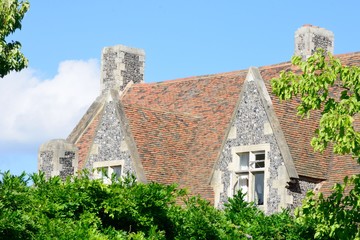 Fototapeta na wymiar Large stone cottage behind green trees