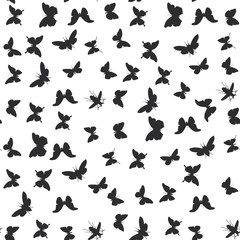 Plakat set butterflies, cicada isolated black silhouette. Seamless pattern on white background. Vector