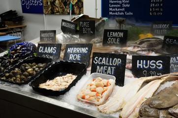 Various fish items for sale at fish market