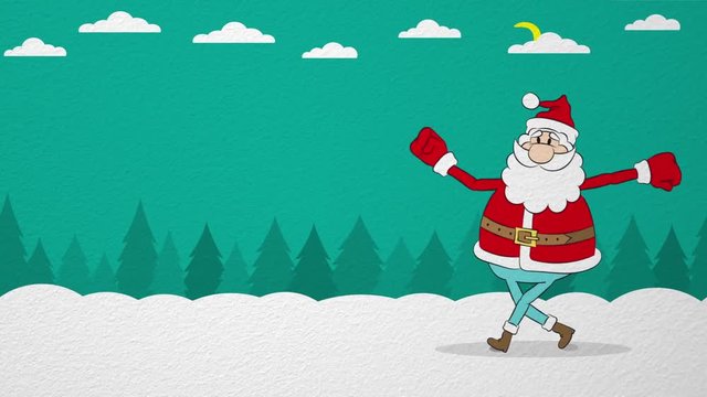 Cartoon Santa Claus walking in the winter forest. 
Looped animation.