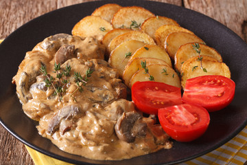 Diana steak with mushrooms and cream sauce close-up. horizontal
