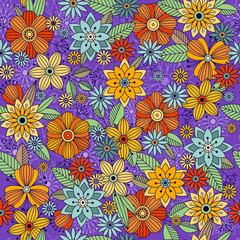 Fototapeta premium Vector floral pattern in doodle style with flowers and leaves. Gentle, spring floral background.Vector illustration. Colorful vector background