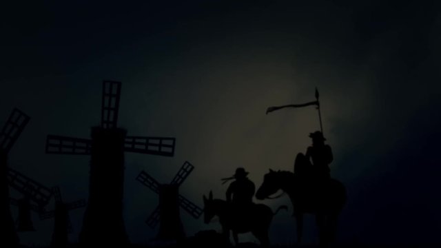 Don Quixote and Sancho Panza Standing in front the Windmills in a Stormy Dark day with wind and Lightnings.