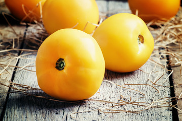 Organic yellow and orange tomatoes, vintage wooden background, s