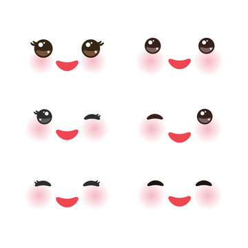 Kawaii funny muzzle with pink cheeks and winking eyes on white background. Vector