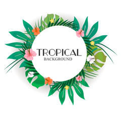 Bright hawaiian design with tropical plants and hibiscus flowers. Vector