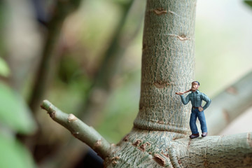 Toy lumberman / View of miniature toy, lumberman standing on tree. Focus on lumberman.