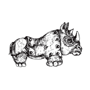 Steam punk mechanical rhino black and white ink sketch