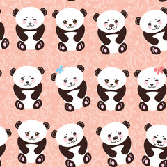 Kawaii funny panda seamless pattern on pink background, white muzzle with pink cheeks and big black eyes. Vector