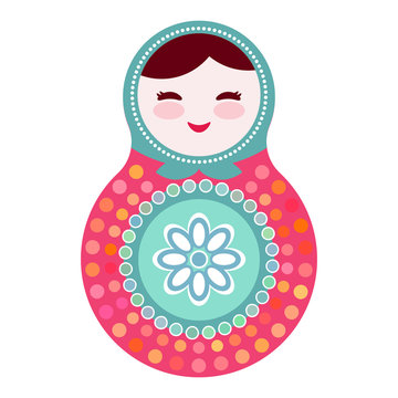 Russian dolls matryoshka on white background, pink and blue colors. Vector