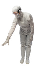 scientist bent down to take something from the bottom