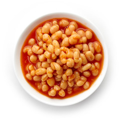 Bowl of beans in tomato sauce from above