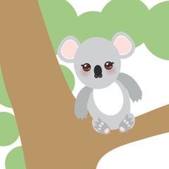 Funny cute koala sitting on a branch of a large tree on white background. Vector
