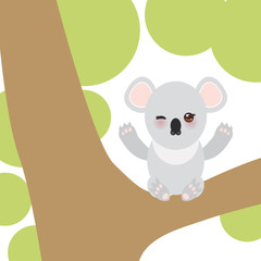 Funny cute koala sitting on a branch of a large tree on white background. Vector
