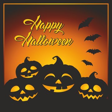 Happy Halloween greeting card with pumpkins, bats and text. Happy Halloween vector illustration.