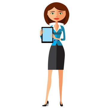 Business woman showing something important on the tablet vector cartoon illustration.
