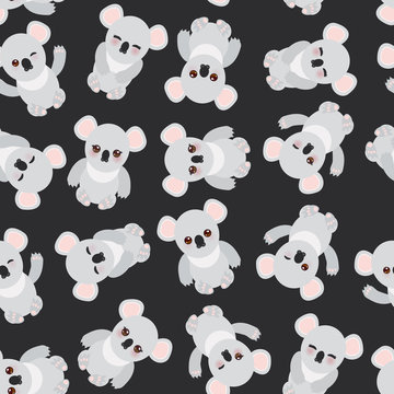 Seamless pattern - Funny cute koala on black background. Vector