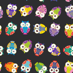 Seamless pattern - bright colorful owls on black background. Vector