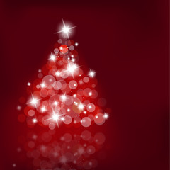 Lighted up Christmas tree with many lensflares on red background