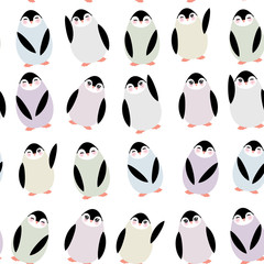 Funny penguins on white background seamless pattern. Vector