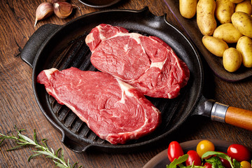 Raw beef steak on grill pan