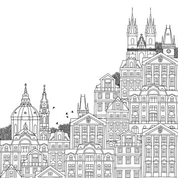 Prague, Czech Republic - hand drawn black and white illustration with space for text