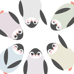 Funny penguins on white background card template. Vector