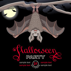 Halloween party invitation card.  Design template, with bat and place for text. Isolated background.