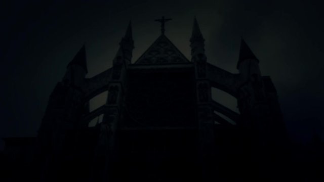 	Spooky Church at Night Under a Lightning Storm and Rain