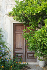 Fototapeta na wymiar Orebic,brown door in the garden,peninsula Peljesac,Croatia