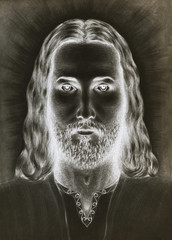 graphic drawing of Jesus, with ornament on clothing. Eye contact. Spiritual concept.