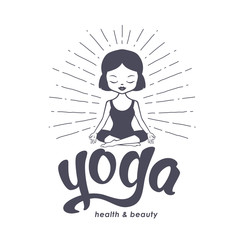 Yoga for kids logo with calm little girl. Vector illustration isolated on white background.