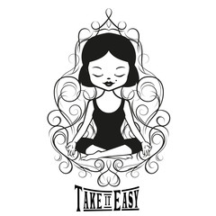 Cute Girl sitting in a yoga pose. Take it easy. Inspirational girly tattoo. Floral frame with crown and heart.