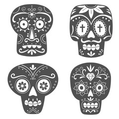 Black and white cartoony mexican sugar skull set.