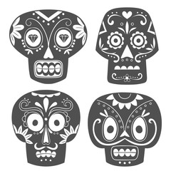 Black and white cartoony mexican sugar skull set.