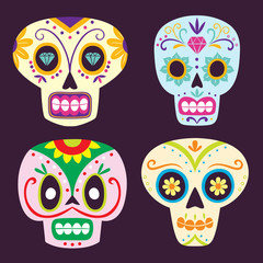 Colorful cartoony mexican sugar skull set.
