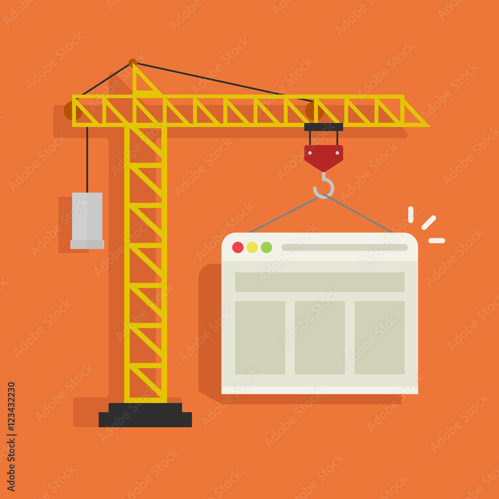Poster crane building website vector illustration, concept of web page developing service banner isolated o