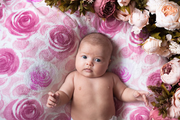 Fototapeta na wymiar baby girl on a light pink background with roses flowers, close u
