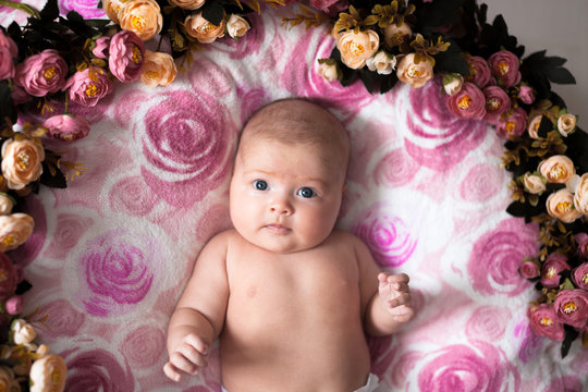 baby girl on a light pink background with roses flowers, close u