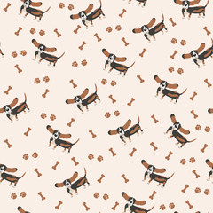 Dogs Vector Seamless pattern. Dog Basset Hound, bone, paw print. - 123433074