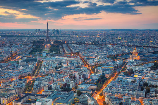 Paris. Aerial view of Paris at sunset. View from Montparnasse Tower.