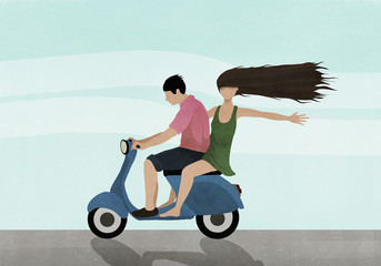 Illustration of couple riding on motor scooter against sky