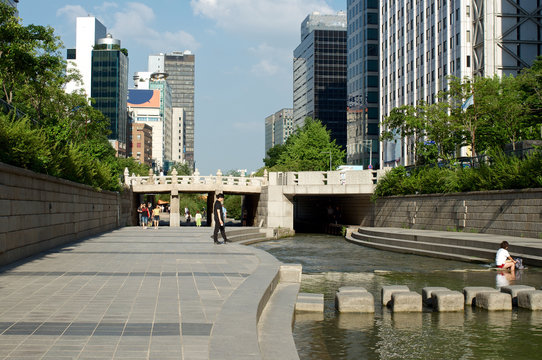 Cheonggyecheon stream in Seoul, South Korea in summer