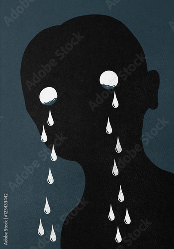 Illustration of man crying against blue background