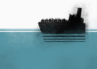 Illustration of people in ship on sea