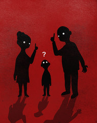 Illustration of parents explaining to boy against red background