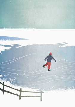 Illustration of man ice skating on frozen lake